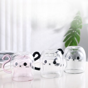 Commercio all'ingrosso doppia parete tazza di caffè Eco Friendly Logo personalizzato tazza di succo di latte isolato gatto birra tazza di vetro con manico nero - Product Image 4