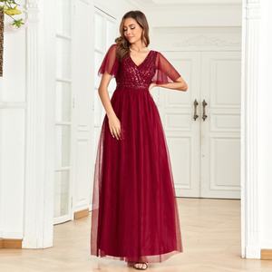 Robe de mariée élégante pour femme, nouvelle collection, col en V, rouge vin, patchwork en maille, sequins, manches courtes - Product Image 4