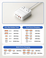 Multiprise à design séparé avec prises plates à profil bas, double prises de terre 4 sorties sur chaque côté, 2 USB-A, 2 USB-C