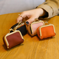 Dompet Koin Mini Kiss Lock Kulit PU Motif Litchi Tas Clutch Kecil Portabel Penyimpanan Earbud Lipstik Dompet Tersedia 7 Warna