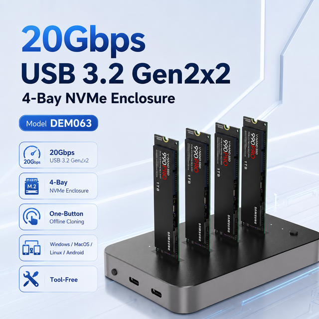 4-Bay M.2 NVMe SSD Enclosure, USB-C 20Gbps, Offline Cloning, Tool-Free,Supports 4x8TB 2230/2280 SSD, DC/PD 45W for Win/Mac/Linux
