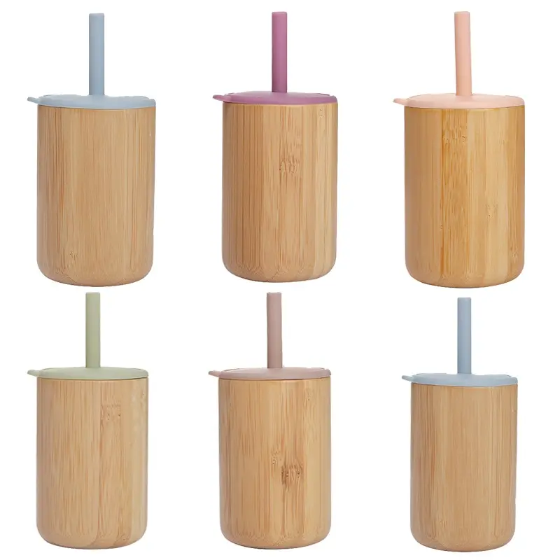 BPA Free Sipping Water Sippy Baby Cups Safe Silicone Lid Training Baby Bamboo Cups With Straw