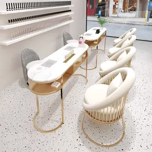 Luxury White Gold Beauty Shop Nail Salon Table Double Marble Top Nail Desk And Chair With Drawers