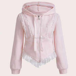 Sudadera con capucha de forro polar rosa con ribete de encaje personalizada OEM <span class=keywords><strong>para</strong></span> mujer, estilo Y2K, con cremallera y volantes, estética coquette, asimétrica y ajustada. - Product Image 2