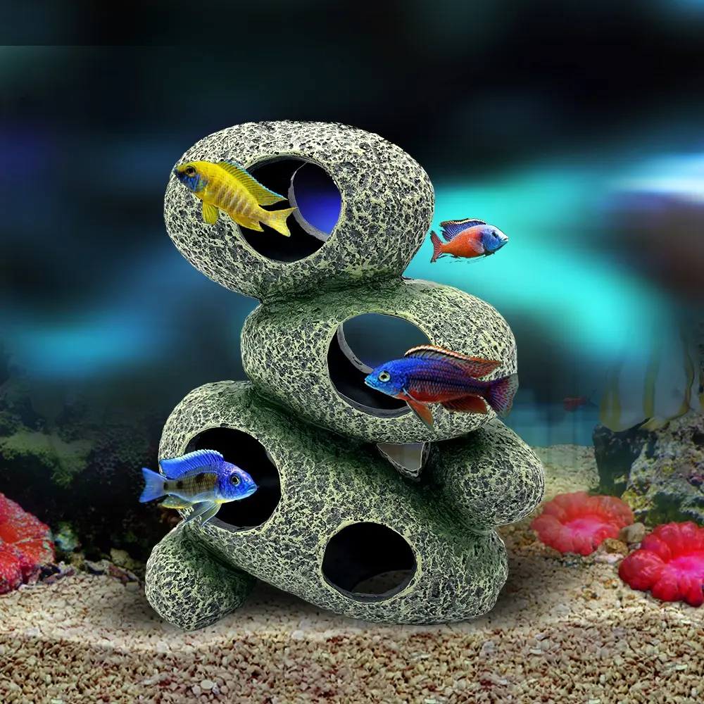 물고기 탱크 수족관 장식 Polyresin Cichlid 돌 바위 동굴 장식 액세서리 세트 포함