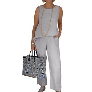 Conjunto de Dos Piezas para <span class=keywords><strong>Mujer</strong></span>, <span class=keywords><strong>Verano</strong></span>, Nuevo, Algodón y Lino, Top sin Mangas, <span class=keywords><strong>Pantalones</strong></span> Anchos Cortos - Product Image 5
