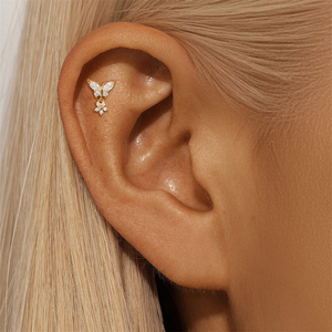 Piercing de Cartílago con Forma de Mariposa y Flor, Chapado en Oro de 18K, Plata 925, Zirconia 5A, 1.2*8mm - Product Image 4