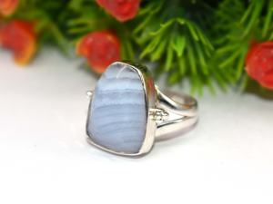 925 Sterling Silver Fancy Shape Natural <b>Blue</b> Lace Agate Cabochon Gemstone Handmade <b>Ring</b> - Product Image 4