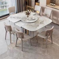 Table à manger extensible commerciale en gros, plateau ovale en pierre frittée avec plateau tournant pour hôtel, restaurant, mobilier de banquet.