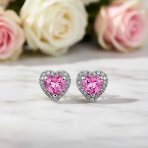 E398 Orecchini a forma di cuore con cristalli rosa placcati in argento da donna per l'uso quotidiano - Product Image 2