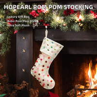 Chaussette de Noël Hopearl avec pompons, style bohème, pour cheminée, crème, 18'', ultra douce, en peluche, avec boules de pompons colorées, faite à la main, de luxe