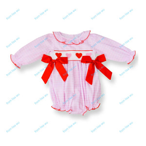 Abiti per Bambine con Colletto Arricciato in Vichy Rosa Personalizzati per San Valentino, Maniche Lunghe Primaverili con Fiocco <span class=keywords><strong>Laterale</strong></span> - Product Image 3