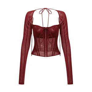 Twotwinstyle Burgundy Net vuông đường viền cổ áo ren dài tay áo phụ nữ giản dị thanh lịch Tops và áo cho phụ nữ