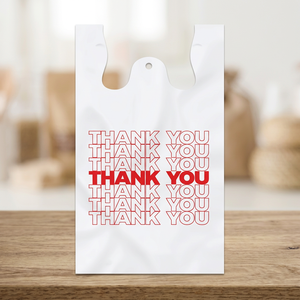 Bolsas de Plástico LDPE Impresas con Mensaje de Agradecimiento, Tipo Camiseta, Desechables, Termosellables, para Compras, con Fuelle Lateral, Reciclables, Impresión Offset - Product Image 1