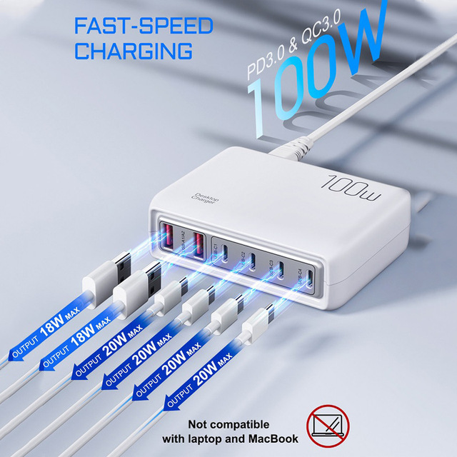 100W Mobile Phone Gan Hub Block Desktop Power Strip Charger USB C Charging Station 20W PD Fast Charge Multiple Charger
