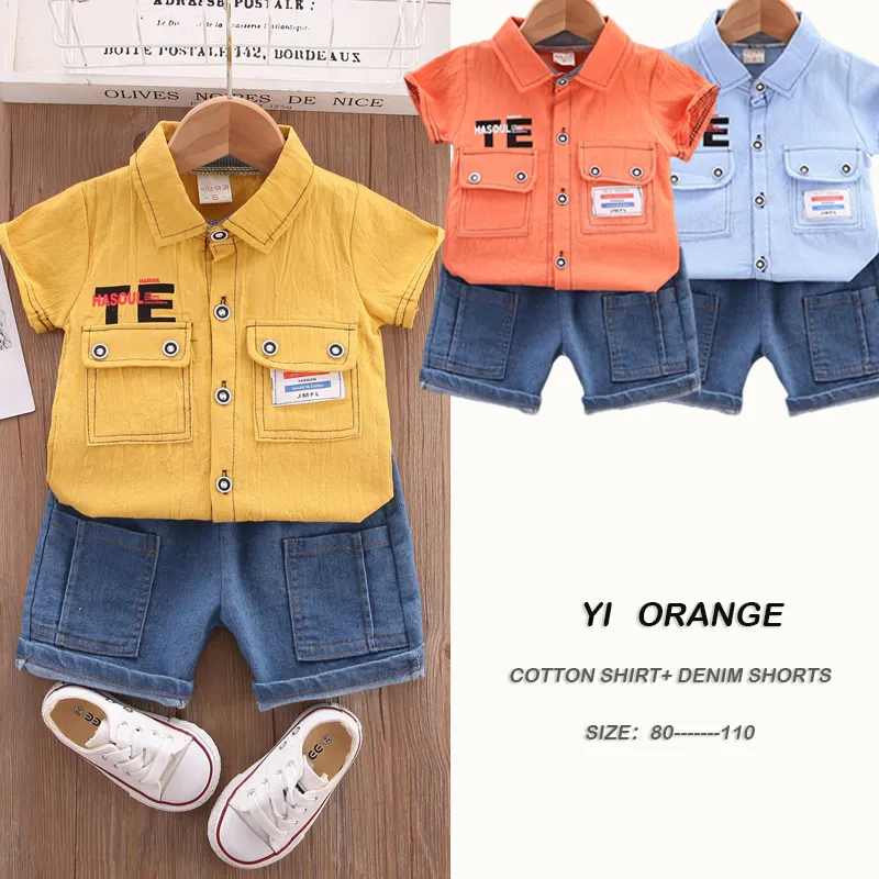 Boys' cotton new casual shirts short-sleeved suits 2-year-old boys summer clothes baby denim shorts 1-4 years old children's clo