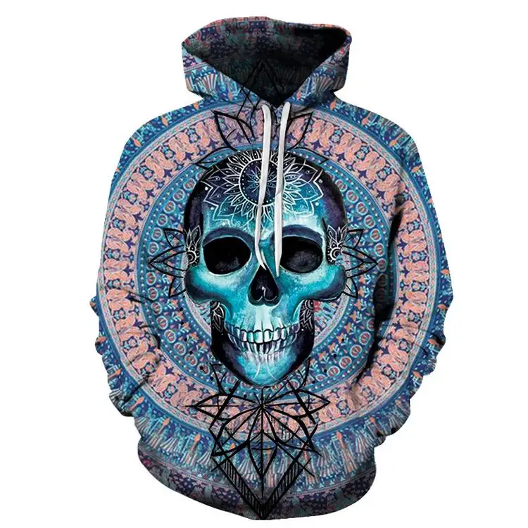 Custom Personalized Skull Print Sweatshirt Unisex Cheap Sweat Capuche Homme All Over Sublimation Cord Hoodie For Men Women