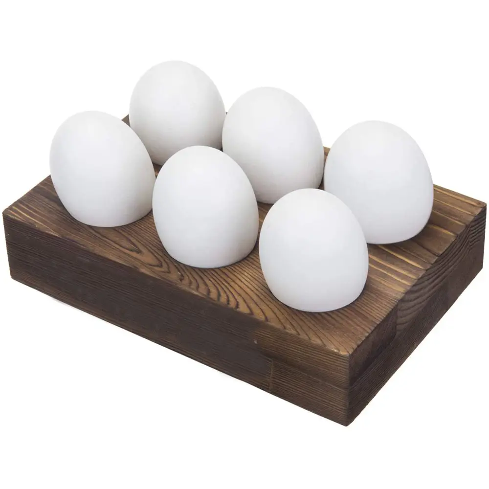 Barato preço de fábrica queimado madeira sólida, fazenda ovos frescos suporte de exibição bandeja para 6 ovos