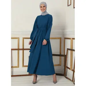 2022新款穆斯林女装欧美连衣裙纯色修身长裙中东迪拜时尚连衣裙