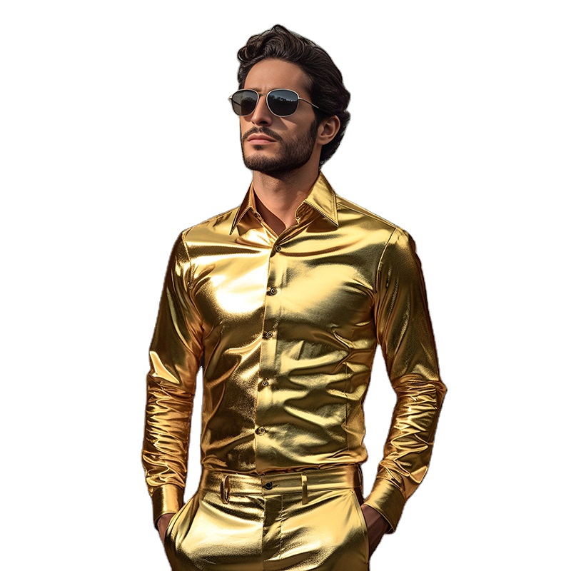 slim fit dress slacks Mens Gold Button Down Shirt, Gold Dress Shirt, Love Khaos, Medium Size , Holographic Gold main image 0