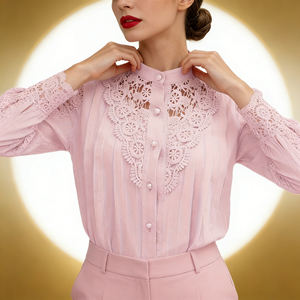 Blusa de Mujer Personalizable, Linda, Beige, de Poliéster y Elastano, con Ribete de Encaje de Crochet, Transpirable, Ropa de Verano, Elegante, de Manga Larga - Product Image 6