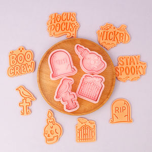 Serie de Halloween personalizado 3D molde de galleta de dibujos animados Tumba de plástico calabaza <span class=keywords><strong>Cuervo</strong></span> calavera diseño impreso para galletas DIY - Product Image 2