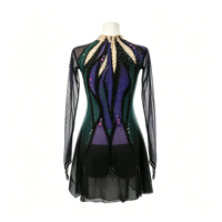 Robe de patinage artistique noire, verte et violette, col montant, manches longues en maille, jupe ornée de strass pour enfants et adultes, compétition et performance