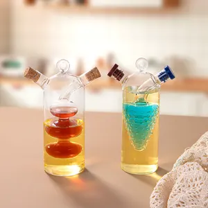 Frasco de vidro 2 em 1 para vinagre e molho de camada dupla transparente, frasco de cozinha selado para temperos criativos por atacado