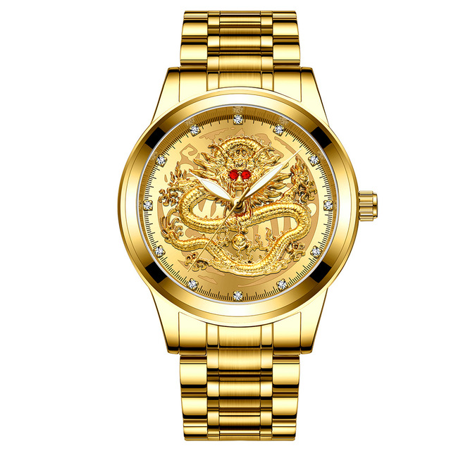 BINBOND Watch for Man Embossed Golden Dragon  Waterproof Quartz Watch Men's Diamond Ruby Dragon Face Fashion Watch