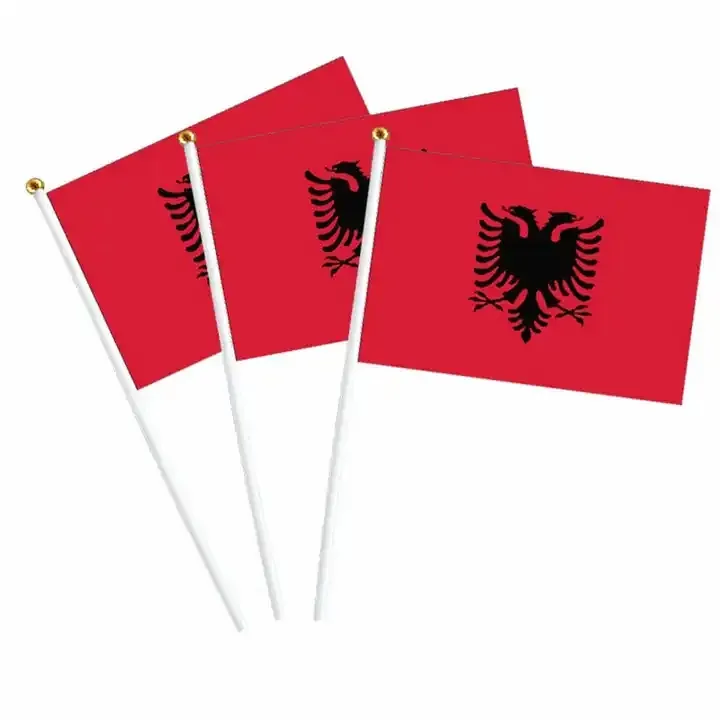 Sunshine Custom Albânia Pequeno Mini vermelho preto Hand Hold Flags Albânia Bandeiras de mão Team Sport Banner Bandeira do futebol