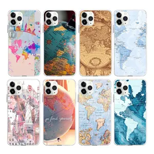 Coque de téléphone portable transparente en TPU avec impression de carte du monde, pour iPhone 7 8 x xs max 11