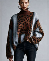 Pull sexy à imprimé léopard pour femme, col roulé, tricot ample, haut à manches longues, pull chaud pour l'automne et l'hiver