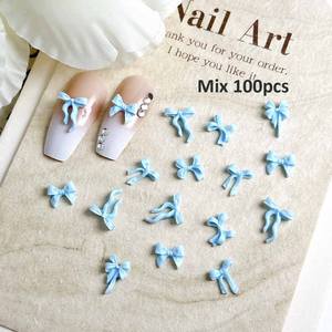 100 pièces doux ciel bleu <span class=keywords><strong>Mini</strong></span> résine arc Nail Art décoration 3D mixte blanc rose ruban arc ongles breloques en vrac fournitures manucure bricolage - Product Image 4