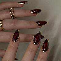 Unghie Finte 3D Cromate Bordeaux con Bordo Dorato, Stiletto Lucido Metallizzato, Nail Art per Feste Serali, Punte per Manicure 4519