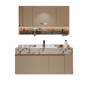 Modern smart beige bathroom vanity with marble sintered stone top and LED smart mirror cabinet - Product Image 4