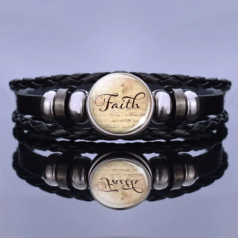 Inspirational Quote Bangle Faith Love Hope Jewelry Gifts Women Men Glass Cabochon Woven Adjustable Black Leather Bracelet