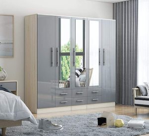 Stile europeo gloss grigio grande <span class=keywords><strong>armadio</strong></span>-<span class=keywords><strong>5</strong></span> porta 6 cassetti e specchi. - Product Image 3