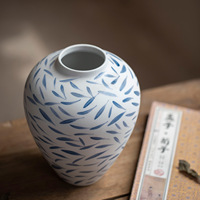 Grand vase en céramique bleu et blanc à motif de feuilles de bambou, nouveau style chinois, porcelaine de Jingdezhen, vase à fleurs de table pour la décoration de la maison