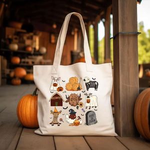 Keymay Spooky Farm Halloween Custom Printed Cotton Canvas Handbag Eco-friendly Reusable Shopping Tote 15x3x16inch Fashionable - Product Image 1