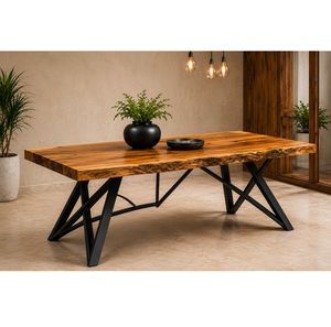 Modern Wooden <b>Dining</b> <b>Table</b> Solid Wood <b>Top</b> with Black Metal X Leg Base for Home Kitchen Restaurant Office Furniture Decor - Product Image 1