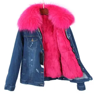 Winter Women Denim Series Mid Blue Fluffy Short Fur Jacket Faux Fur Liner And Real Fur Collar Ladies Denim Parka