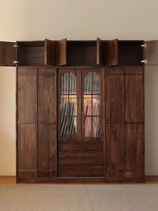 Armario con Puerta Corredera de Nogal Negro, Mueble de Dormitorio Nórdico Multifuncional de Madera Maciza, Armario de Almacenamiento de Ropa Personalizable - Product Image 1