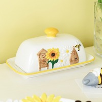 Pot à beurre carré en céramique avec couvercle, motif tournesol et abeille en relief, design frais et mignon, pour la cuisine