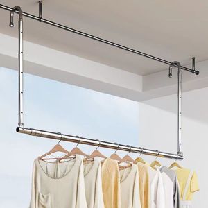 Retractable Clothes Drying Rack Double Bar Hook Type Stainless Steel Hanging Mobile For Balcony Drying Quilts - Product Image 1