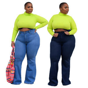 HSF2295 New Arrivals Fashionable Plus Size <strong>Jeans</strong> Slim Fit Wide Leg Fare <strong>Jeans</strong> Women Stretchy Denim <strong>Jeans</strong> - Product Image 1