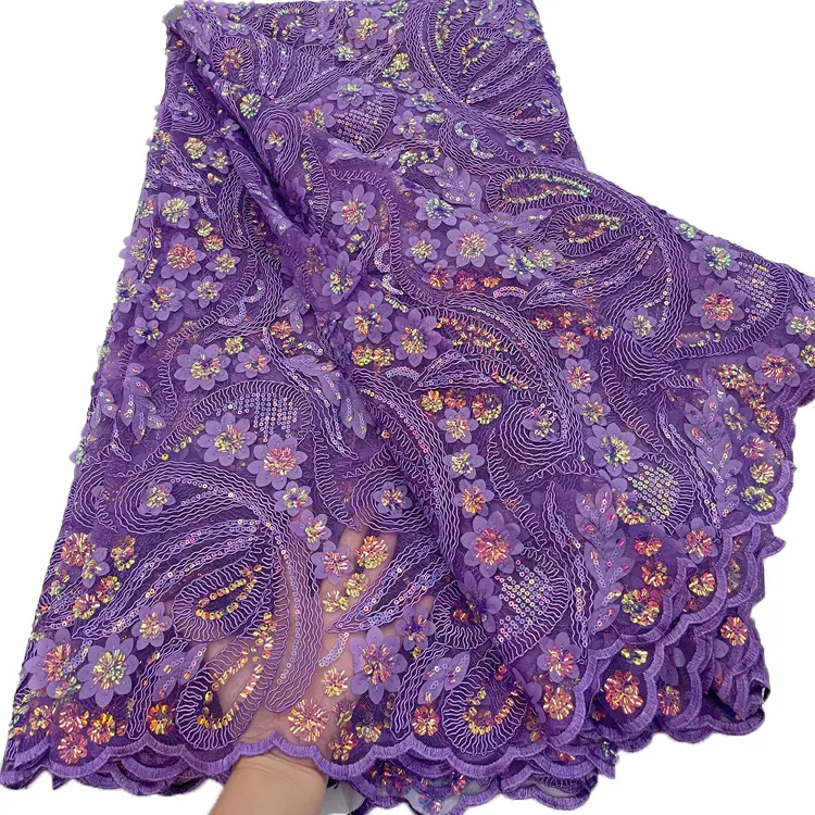 Purple Applique 3D Flower Lace Fabric Glitter Fabric Beaded Lace Material Corded Embroidery Lace