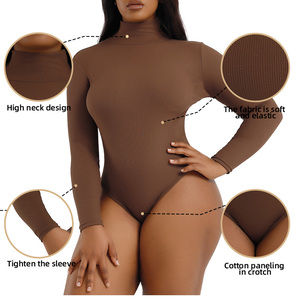 Mono acanalado XXL de alta calidad de manga larga para mujer, traje de baile de talla grande, moldeador de cuerpo, mono de una pieza para mujer - Product Image 3