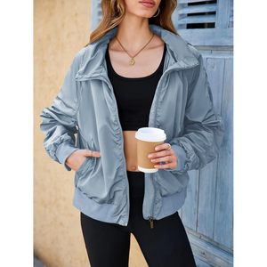 Womens Windbreaker Crop Jacket Long Sleeve Zip Up Hidden Hooded Winter Bomber With Pockets - Product Image 3