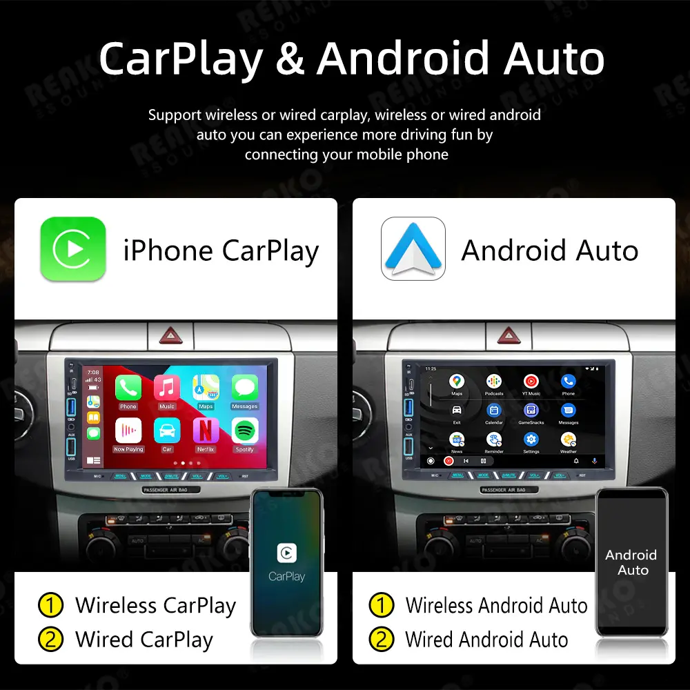 Reako Car Stereo 1 Din 7 Zoll Android Autoradio Wireless Carplay 2 32GB SWC-Fernbedienung USB Typ C Schnell ladung