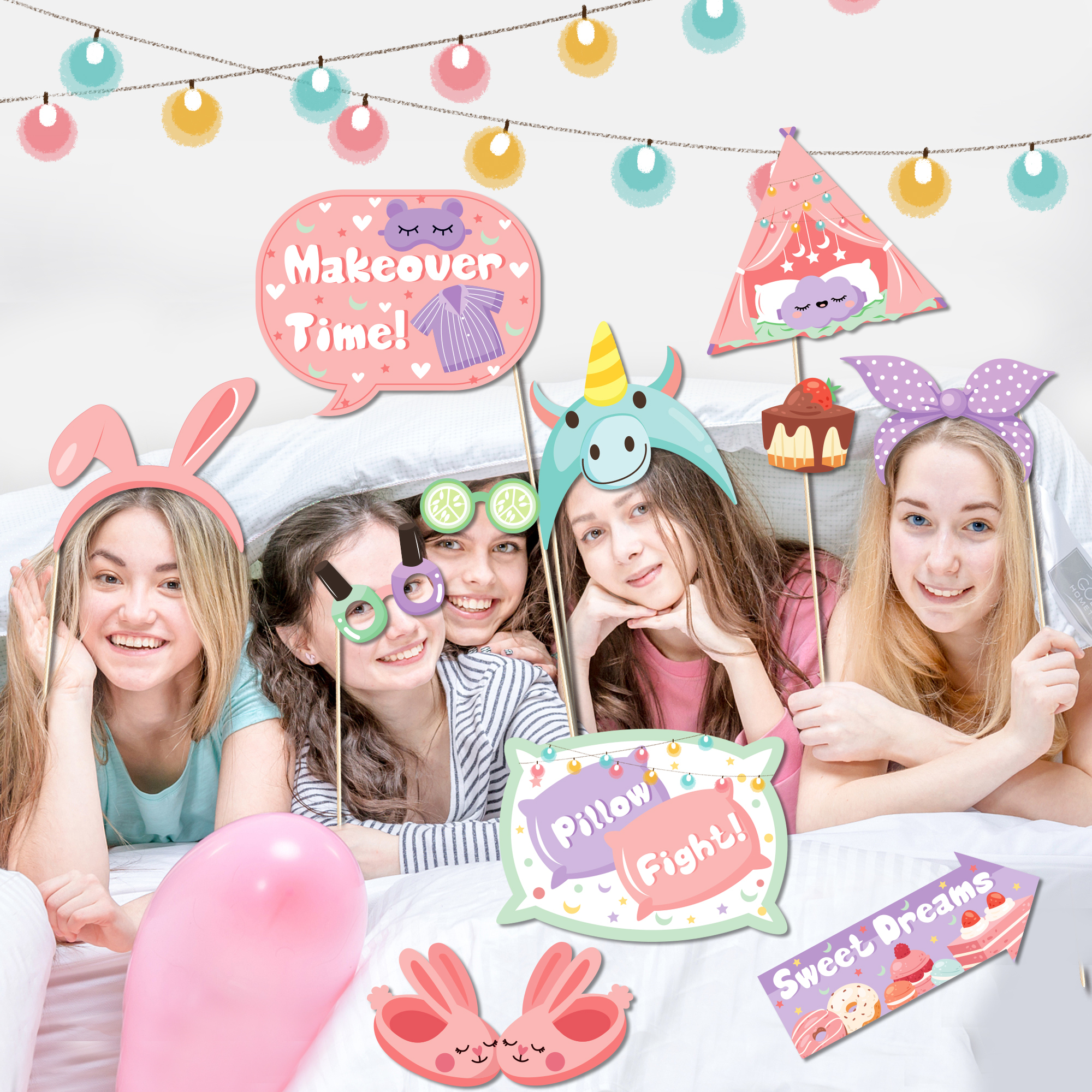 Set Di 24 Accessori Per Cabina Fotografica Pigiama Party – Tema Cuscino E Maschera, Decorazioni Fai-da-te Per Feste Notte Tra Ragazze